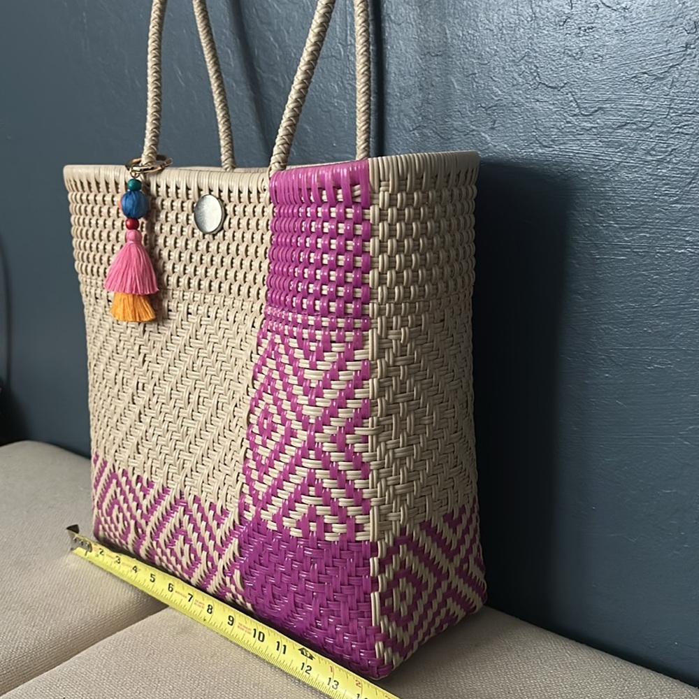 Cream and Pink Geometric recycled Tote Bag with Sturdy Handles - Picture 3 of 4